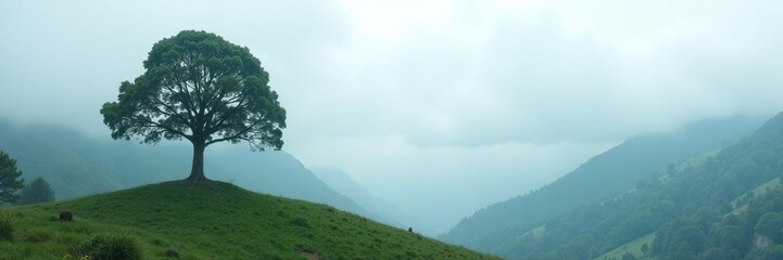 Obraz premium Tree in isolation on a misty mountainous landscape with foggy atmosphere, cloudy, isolated, tree