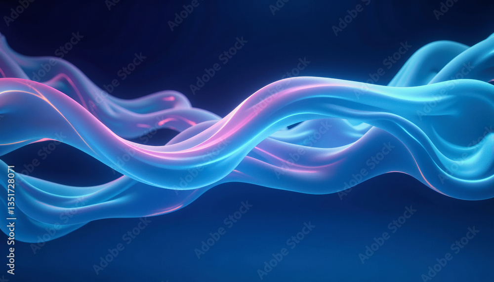 Poster glowing ribbons of cyan and magenta intertwine in a dynamic, abstract display against a deep blue ba