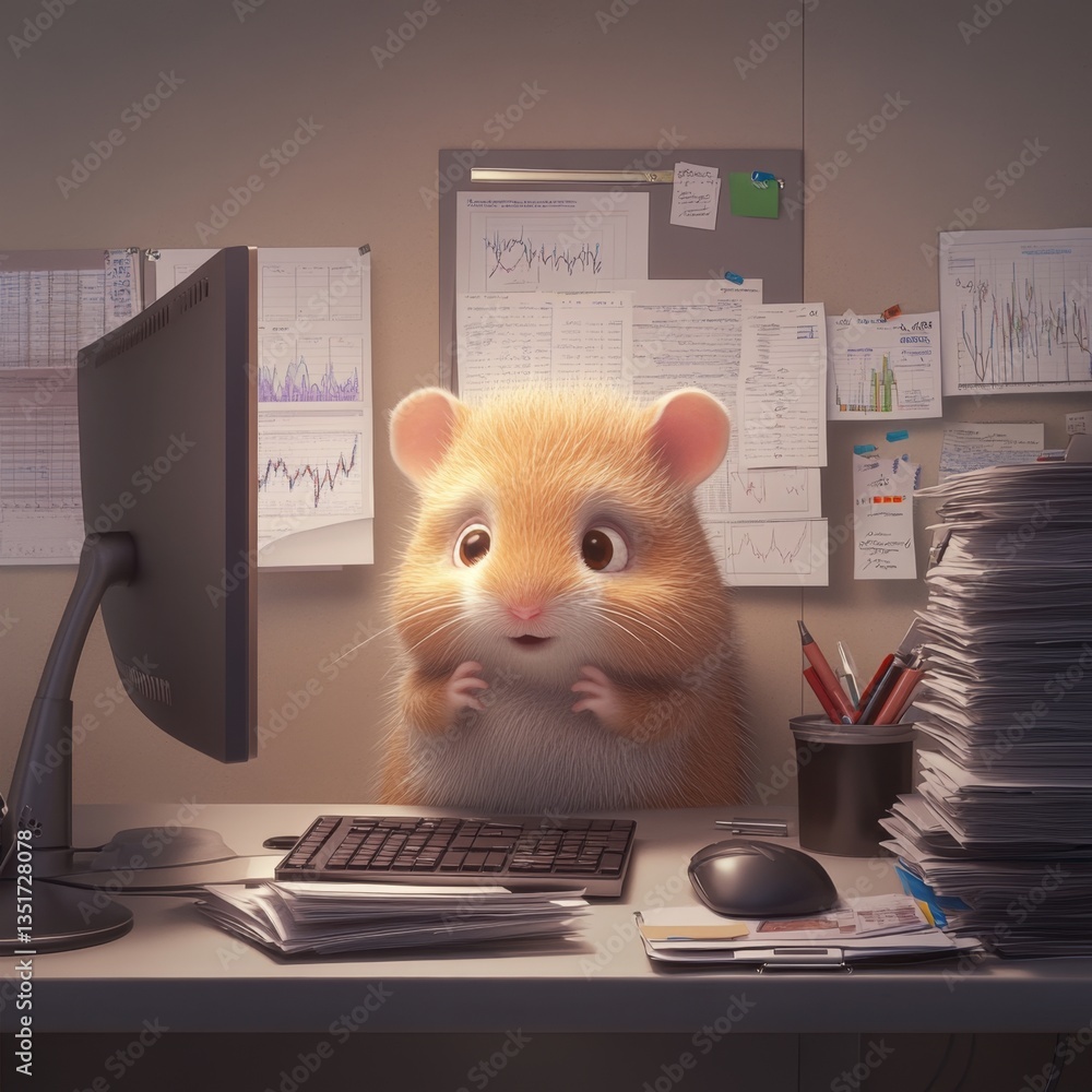 Poster Hamster in office cubicle analyzing data on computer screen