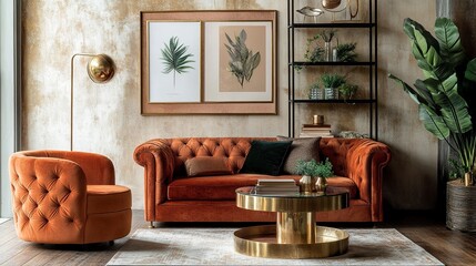 Retro home interior with vintage orange chair velvet sofa gold shelf styled with plants mock-up poster frame on neutral wall soft light elegant and balanced decor. 