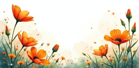 Vibrant orange wildflowers in a vertical watercolor painting, blank space in center , design element, graphic