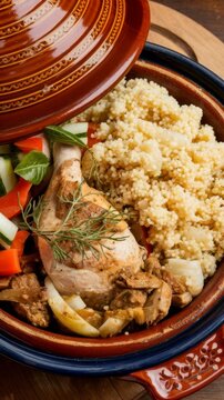 Morrocan cuisine chicken tajine couscous and salad