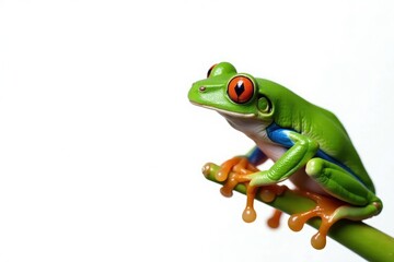 Obraz premium Green tree frog perched on white, vibrant colors , webbed feet, nature