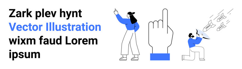 Abstract hand pointing upward, woman gesturing, character cutting paper with scissors. Ideal for teamwork, creativity, productivity, education, focus, guidance simple landing page