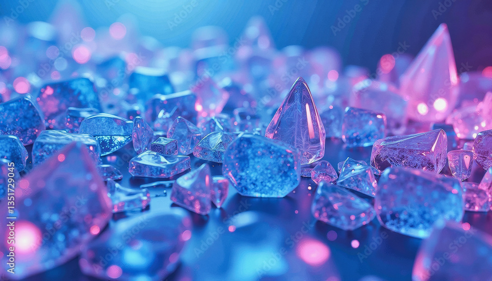 Poster illuminated crystalline structures in shades of blue and pink scatter across a reflective surface, c
