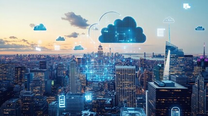 Cityscape with Digital Cloud Overlay, HighRise Buildings, Skyline at Dusk, Networks