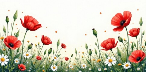 Obraz premium Watercolor wildflowers, red poppies & daisies meadow seamless pattern , white, illustration, textile
