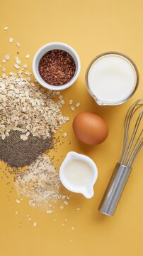 Top view of ingredients as chia oat and flax seeds milk blackthorn egg for making oatmeal with whisk on yellow background