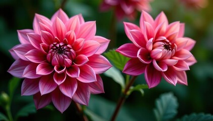 Obraz premium Intricate dahlia blooms, vibrant petals, lush foliage, retro, leaves, yellow