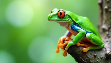 Naklejka premium Green tree frog perched on white, vibrant details, cutout, clipping path, macro