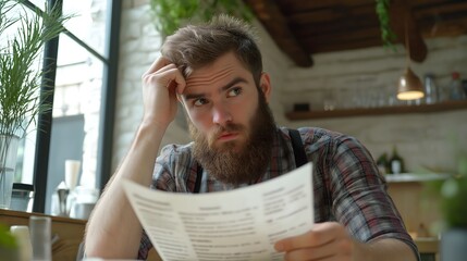 Confused bearded man examines menu while sitting at a cafe with a contemporary design in the afternoon