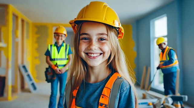  Teenage girl painter and young builder boy working on home renovation project, wearing safety gear and smiling happily