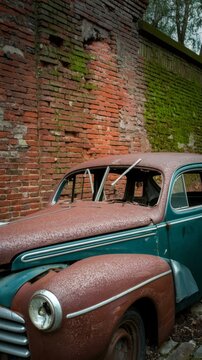 Old abandoned rusty car on old brick wall background