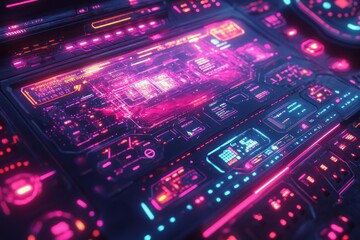 Obraz premium Futuristic spaceship cockpit control panel with glowing neon interface