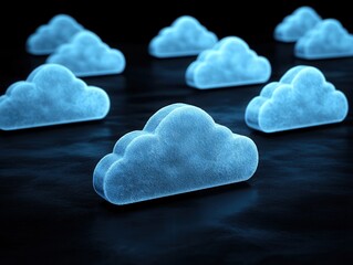 A digital rendering of glowing blue clouds, symbolizing cloud computing and technology, floating against a dark background.