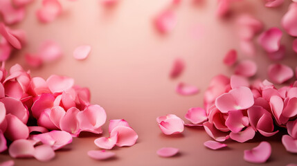 Fototapeta premium Romantic soft pink flower petals scattered beautifully on elegant light background for love themed designs