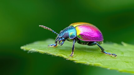Fototapeta premium Vibrant iridescent beetle on a leaf