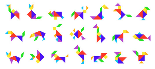 Tangram animals. Geometric traditional Chinese puzzle game with animal shapes, abstract geometry logic figures made of triangles squares parallelograms. Vector tangram set