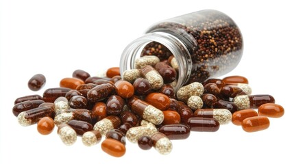 Pills and capsules spilling from a bottle, isolated on white background