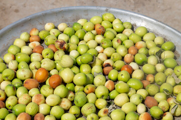 Jujube fruits, green and brown, fill a metal container. A mix of ripe and spoiled, their contrast tells a story of nature's cycle