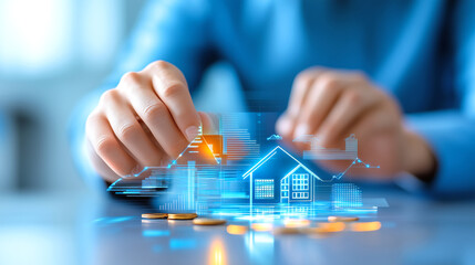 Hands are focused on manipulating a transparent house graphic that signifies real estate investment, surrounded by digital financial elements and stacked coins on a surface