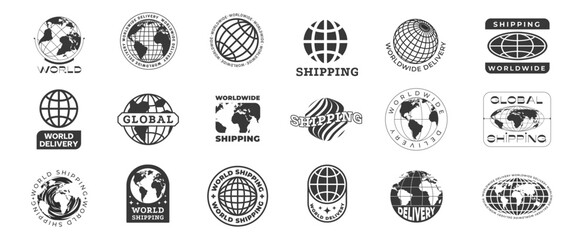 Worldwide shipping logo. World global delivery service badge with abstract planet map, international mail shipment icon flat linear style. Vector globe shipping icon set