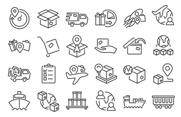 Delivery line icons. Shipping and export package symbols, cargo shipment and parcel transportation, logistic service and box shipping. Vector delivery outline set