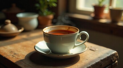 Fototapeta premium Warm morning sunlight illuminates a cup of tea on a rustic wooden table