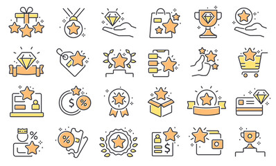 Star benefit icon. Reward premium quality line voucher, award loyalty program member card, star win prize symbols, coupon offer flat vector set