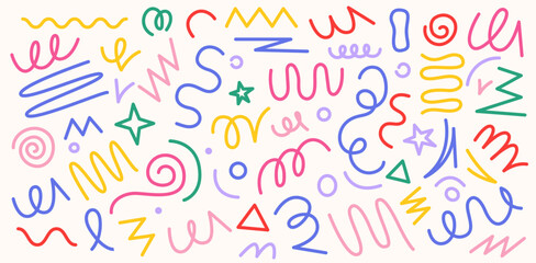 Confetti colorful lines. Kids celebration background with abstract minimal geometric confetti, doodle kid birthday decorative elements graphic design. Vector isolated set