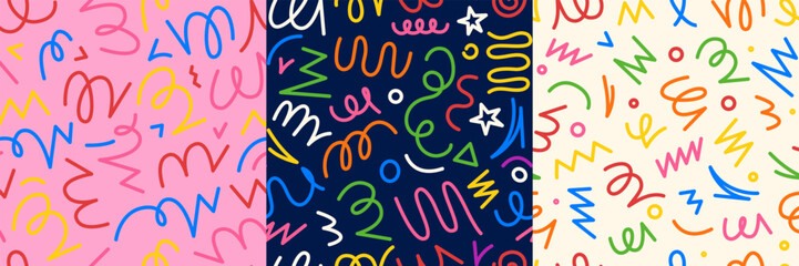 Confetti line pattern. Seamless kids birthday background, colorful print of scribble geometric shapes, abstract childish party wrapping paper print. Vector confetti texture