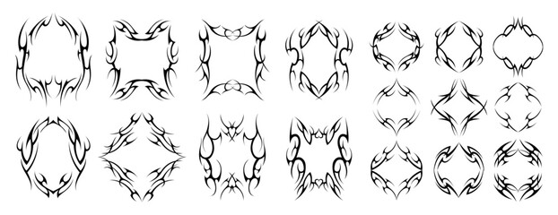 Gothic tribal frame. Ornament border abstract dark decorative silhouette, retro tribalistic demon ornate swirl elements for tattoo design. Vector tribal collection