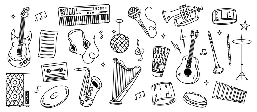 Doodle music instrument icons. Hand drawn funny guitar piano saxophone trumpet, childish sketchy musician melody tools elements. Vector instruments isolated set