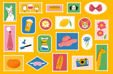 Summer travel stamp. Cartoon vacation postcard stamps, cute retro tourist mail label sticker with doodle dogs flowers and drinks. Vector postal perforated frames set