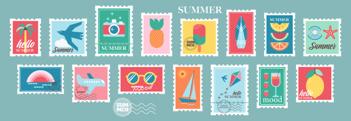 Postage stamps for summer travel postcards. Set of postal stickers, badges or icons in retro design. Vacation mood labels in flat design. Modern geometric vector illustration.