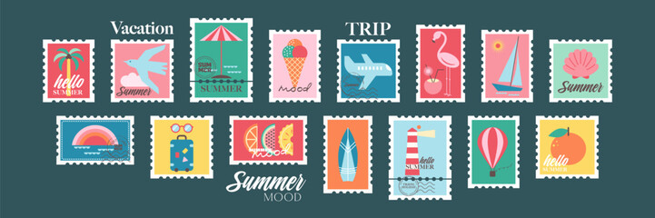 Postage stamps for summer travel postcards. Set of postal stickers, badges or icons in retro design. Vacation mood labels in flat design. Modern geometric vector illustration.
