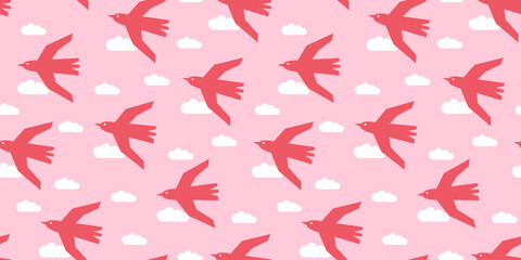 Summer seamless pattern with seagulls and clouds in flat design. Modern geometric vector illustrations. Trendy background for poster, card, banner, printing on fabric.