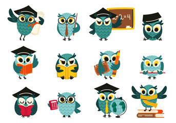 Wise owl character. Cartoon cute smart birds with books and school accessories, funny feathered owls students learning education concept. Vector bird set