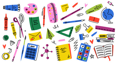 Cute school elements. Doodle Supplies and stationery, cartoon colorful icons, childish flat pencil notebook calculator ruler glue brush pen, back to school stuff. Vector set
