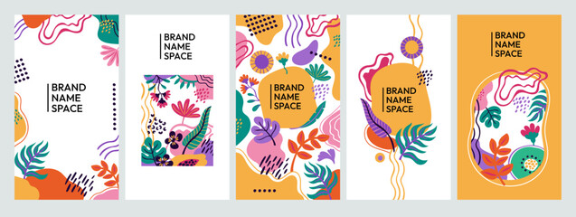 Tropical stories background. Abstract summer floral social media post template, minimal banner layout with exotic leaves and flowers. Vector tropic poster set