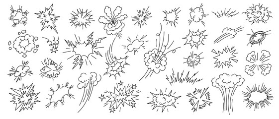 Doodle explosion effect. Comic impact and speed line energy blast and power pop game asset, manga fire smoke and crash pop action. Vector hand drawn bang and boom graphic set © Tartila
