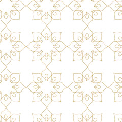 Abstract geometric pattern with squares, crosses, stripes, lines. Seamless vector background. White and gold ornament. Modern reticulated graphic design.