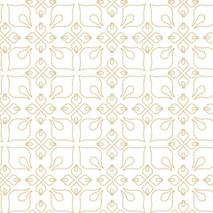 Abstract geometric pattern with squares, crosses, stripes, lines. Seamless vector background. White and gold ornament. Modern reticulated graphic design.