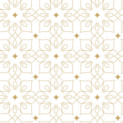 Abstract geometric pattern with squares, crosses, stripes, lines. Seamless vector background. White and gold ornament. Modern reticulated graphic design.