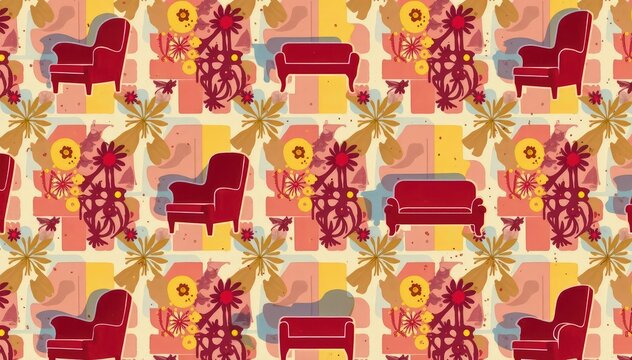 Repetitive motif of furniture silhouettes, creating a cohesive interior design pattern , elegant, art