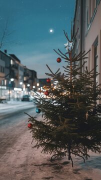 Decorated Christmas tree on snowy city street at night