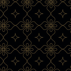 Abstract geometric pattern with squares, crosses, stripes, lines. Seamless vector background. Black and gold ornament. Modern reticulated graphic design.