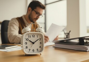 Businessman Working Overtime: Stack of Papers, Desk Clock, and Focused Professional Symbolizing Dedication, Hard Work, and Time Management in a Corporate Environment