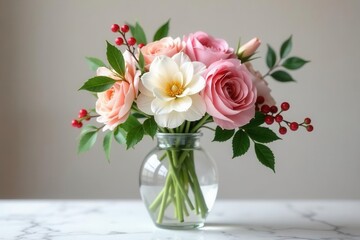 Naklejka premium A delicate arrangement of pastel roses and a creamy white flower in a clear glass vase, accented with vibrant red berries, sits on a pristine marble surface.