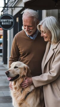 Front view old couple petting dog